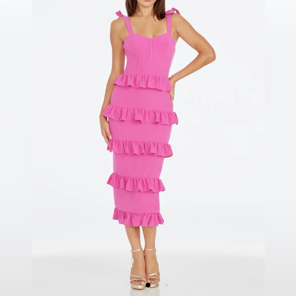 Dress the Population Fuchsia Ruffle Midi Dress